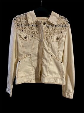 Cache Cream Crochet Yoke Denim Jacket